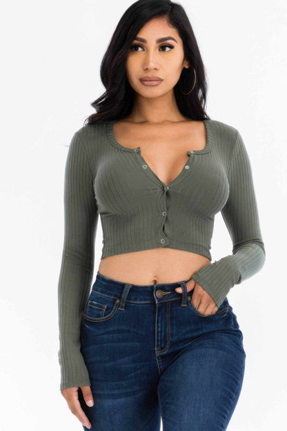Ribbed Long Sleeve Snap Button Down Crop Top - Purcell's Clothing Company