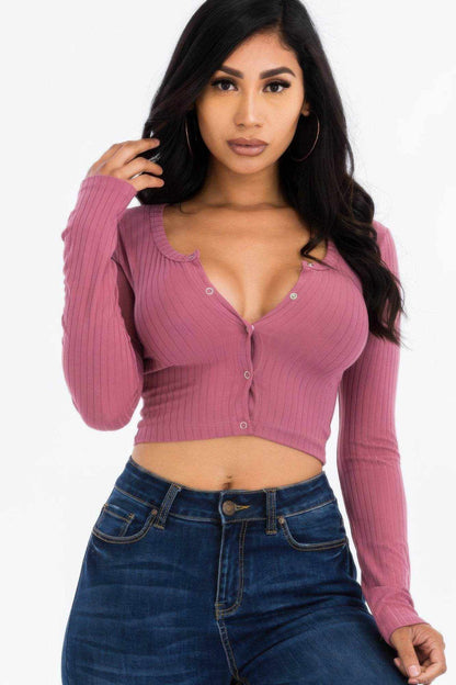 Ribbed Long Sleeve Snap Button Down Crop Top - Purcell's Clothing Company