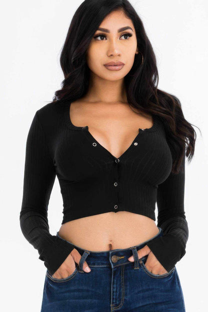 Ribbed Long Sleeve Snap Button Down Crop Top - Purcell's Clothing Company