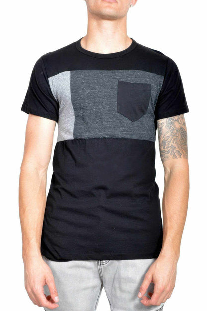 Mens short sleeve t-shirt with color block design and faux chest pocket, made of breathable cotton, casual relaxed fit.