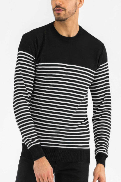 Men's black and white striped round neck sweater made of soft polyester fabric