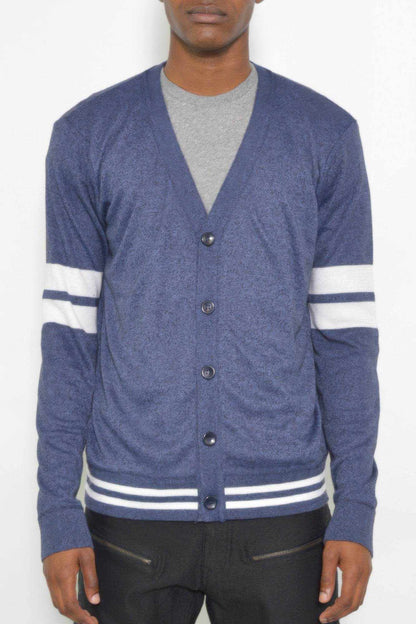 Men's Two Stripe Button Cardigan in navy blue with white stripes on sleeves, button closure, and regular fit.
