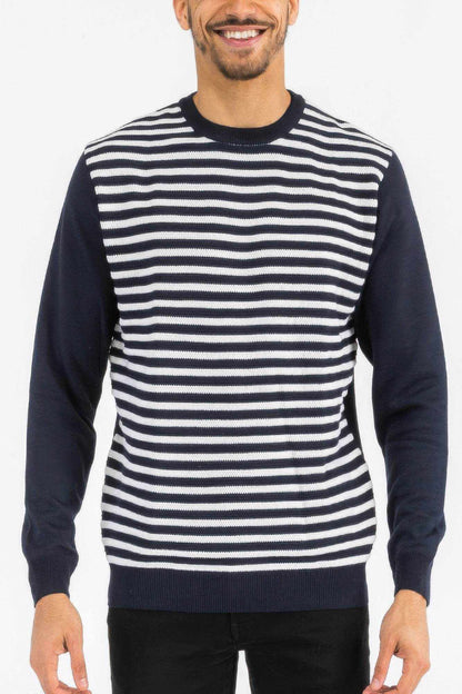 Men's knitted round neck sweater with navy and white stripes, made of soft polyester for casual comfort and style