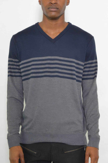 Mens knit V-neck pullover sweater in navy and gray with striped pattern, long sleeves, and regular fit.