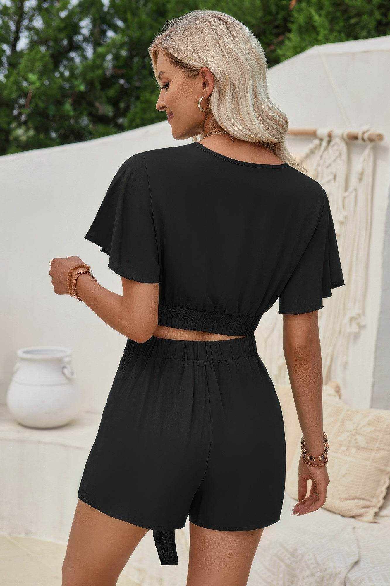 Two Pieces V Neck Ruffle Crop Shirt And Wrap Sets - Purcell's Clothing Company