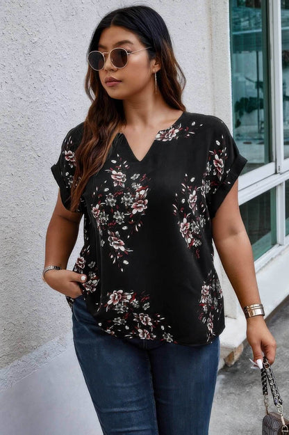 Plus Size Floral Print V Neck Loose Blouse - Purcell's Clothing Company