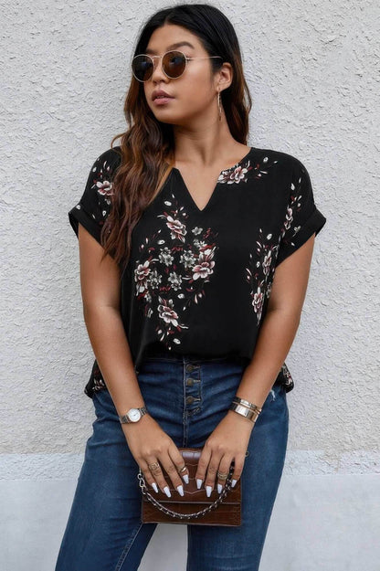 Plus Size Floral Print V Neck Loose Blouse - Purcell's Clothing Company