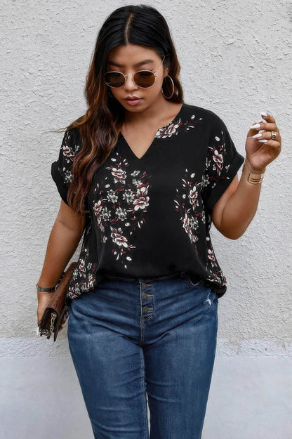 Plus Size Floral Print V Neck Loose Blouse - Purcell's Clothing Company