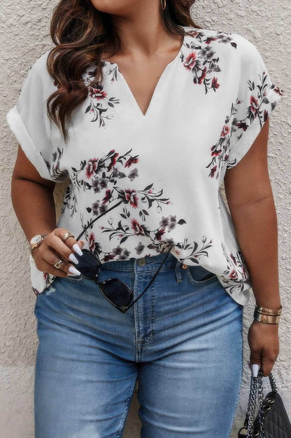 Plus Size Floral Print V Neck Loose Blouse - Purcell's Clothing Company