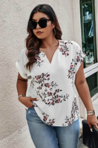 Plus Size Floral Print V Neck Loose Blouse - Purcell's Clothing Company