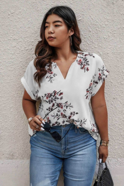 Plus Size Floral Print V Neck Loose Blouse - Purcell's Clothing Company