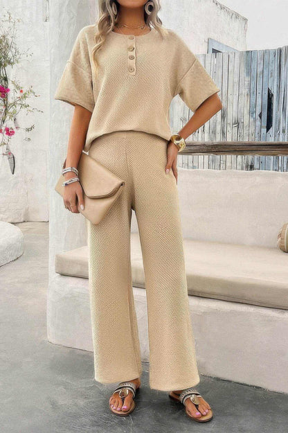 Two Pieces Outfits Knitted Crew Neck Button Set - Purcell's Clothing Company