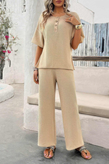 Two Pieces Outfits Knitted Crew Neck Button Set - Purcell's Clothing Company