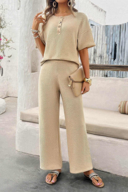 Two Pieces Outfits Knitted Crew Neck Button Set - Purcell's Clothing Company