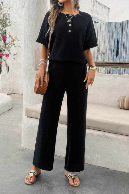 Two Pieces Outfits Knitted Crew Neck Button Set - Purcell's Clothing Company