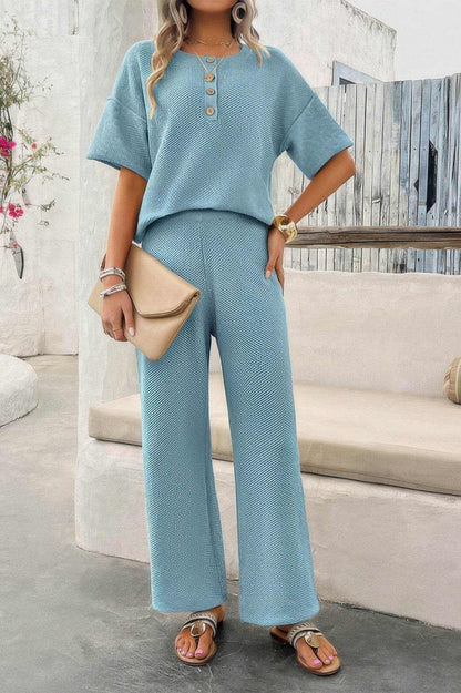 Two Pieces Outfits Knitted Crew Neck Button Set - Purcell's Clothing Company