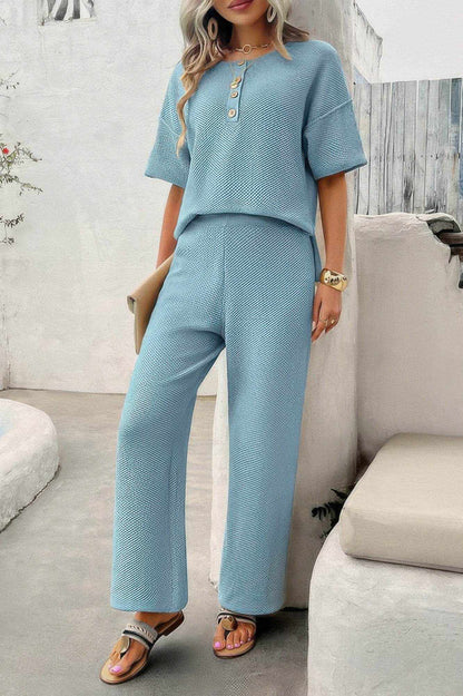 Two Pieces Outfits Knitted Crew Neck Button Set - Purcell's Clothing Company