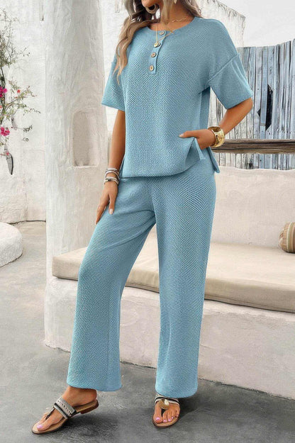 Two Pieces Outfits Knitted Crew Neck Button Set - Purcell's Clothing Company