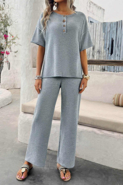 Two Pieces Outfits Knitted Crew Neck Button Set - Purcell's Clothing Company