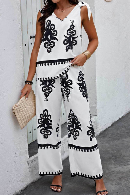 Floral Knot Shoulder Sleeveless Elastic Waist Sets - Purcell's Clothing Company