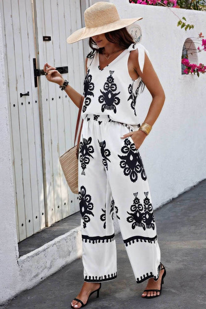 Floral Knot Shoulder Sleeveless Elastic Waist Sets - Purcell's Clothing Company