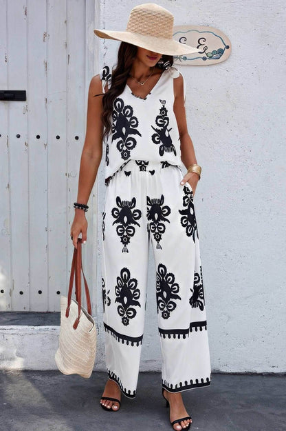 Floral Knot Shoulder Sleeveless Elastic Waist Sets - Purcell's Clothing Company