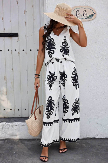 Floral Knot Shoulder Sleeveless Elastic Waist Sets - Purcell's Clothing Company