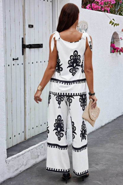 Floral Knot Shoulder Sleeveless Elastic Waist Sets - Purcell's Clothing Company