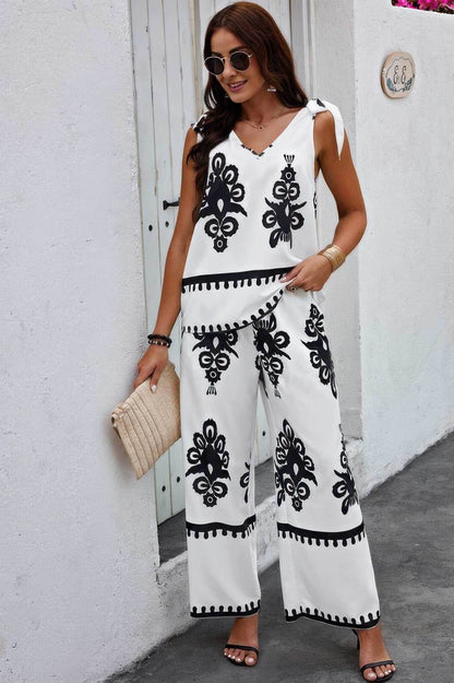 Floral Knot Shoulder Sleeveless Elastic Waist Sets - Purcell's Clothing Company