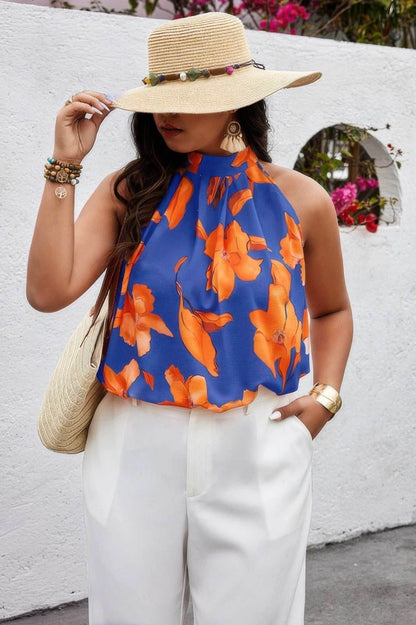 Plus Gingko Leaf Print Short Sleeve Halter Shirt - Purcell's Clothing Company