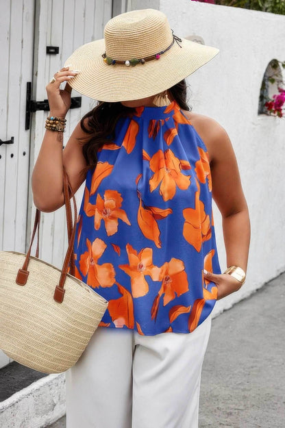 Plus Gingko Leaf Print Short Sleeve Halter Shirt - Purcell's Clothing Company