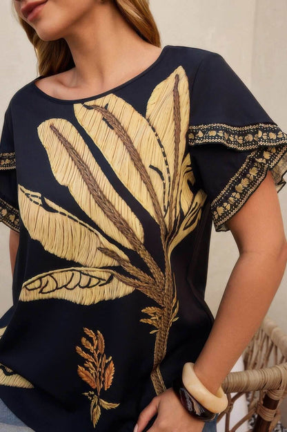 Plus Tropical Print Ruffle Hem Sleeve Blouse - Purcell's Clothing Company