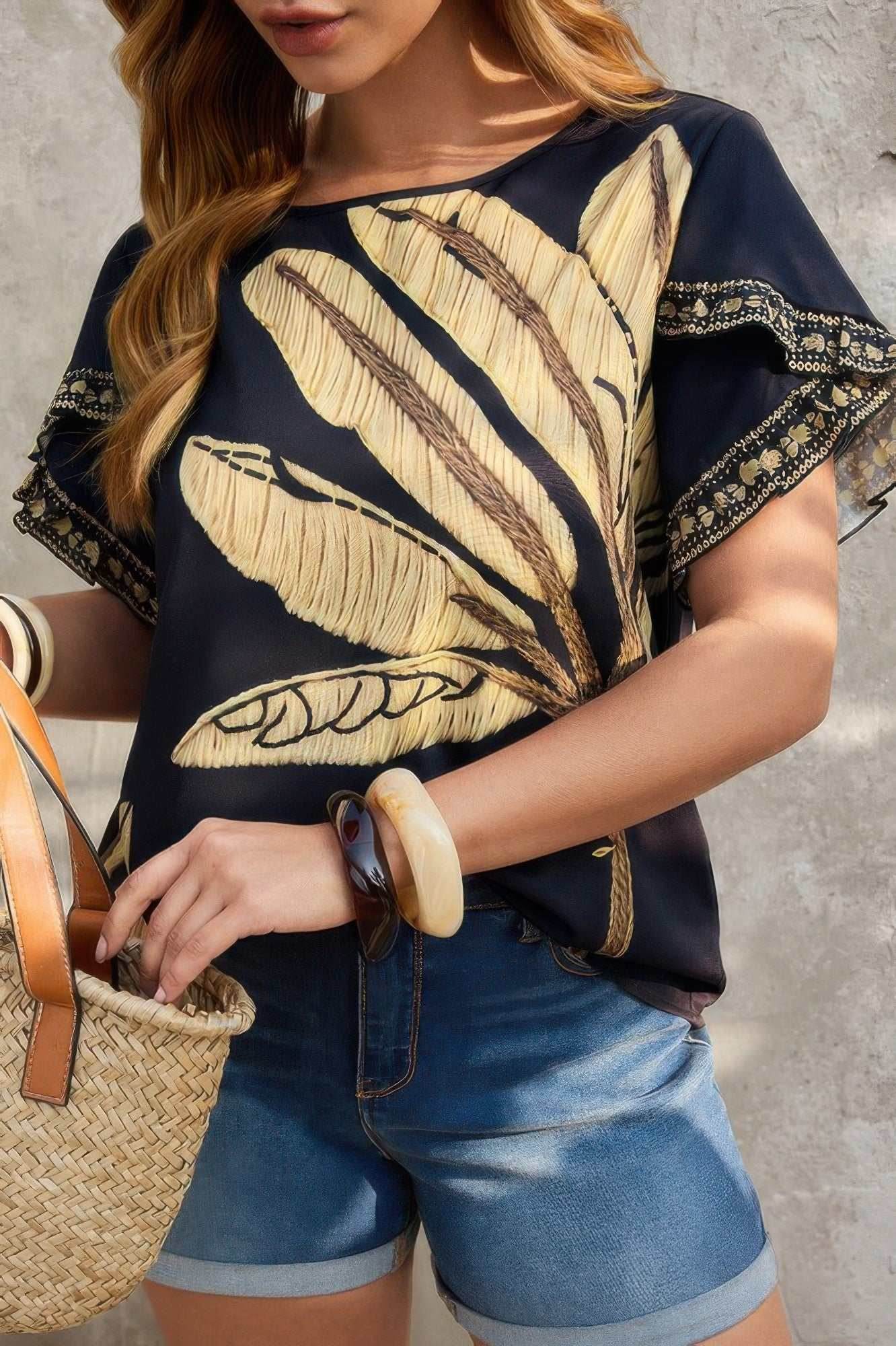 Plus Tropical Print Ruffle Hem Sleeve Blouse - Purcell's Clothing Company