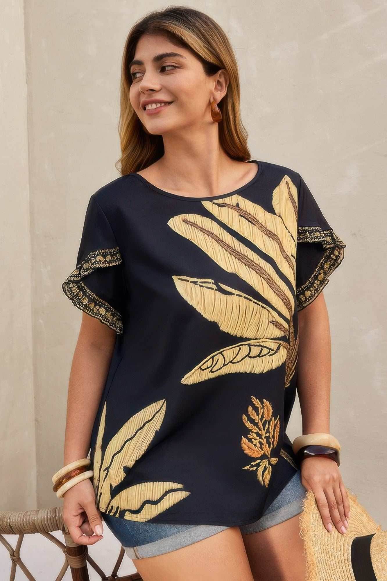 Plus Tropical Print Ruffle Hem Sleeve Blouse - Purcell's Clothing Company