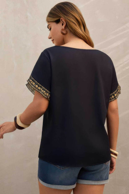 Plus Tropical Print Ruffle Hem Sleeve Blouse - Purcell's Clothing Company