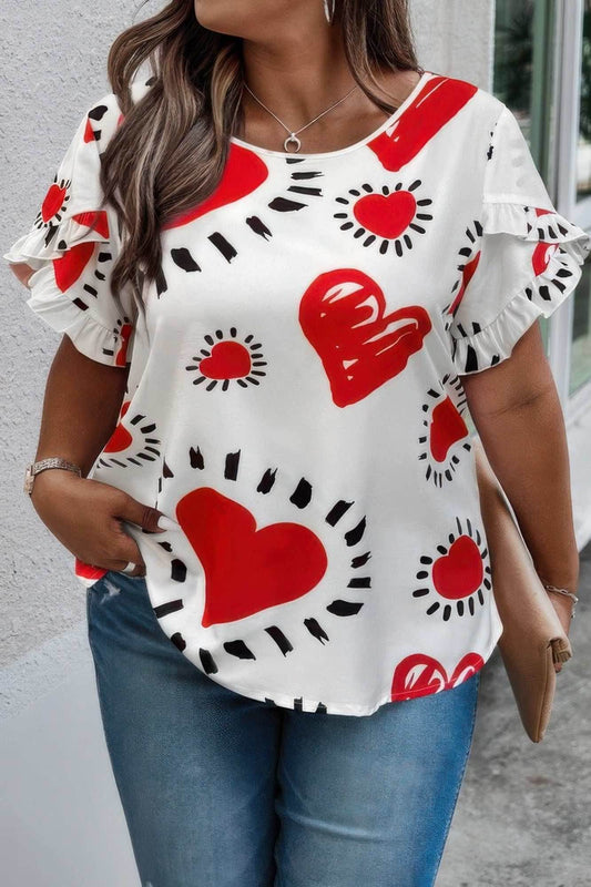 Plus Size Heart Print Ruffle Hem Sleeve Shirt - Purcell's Clothing Company