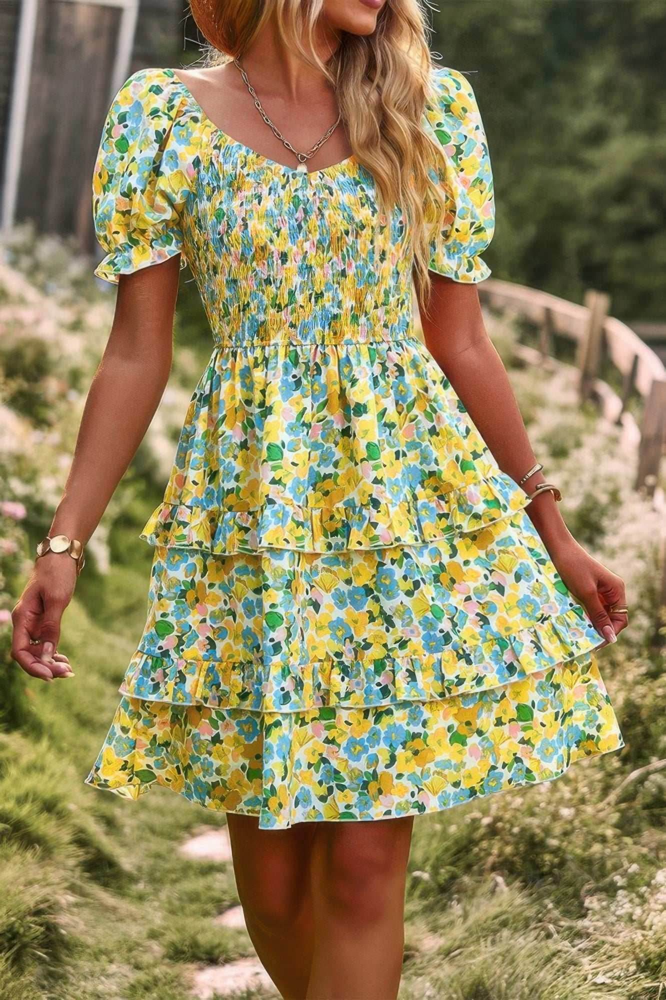 Floral Print Fit Short Sleeve A Line Dress - Purcell's Clothing Company