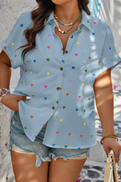 Plus Size Hearts Print Button Down Loose Blouse - Purcell's Clothing Company