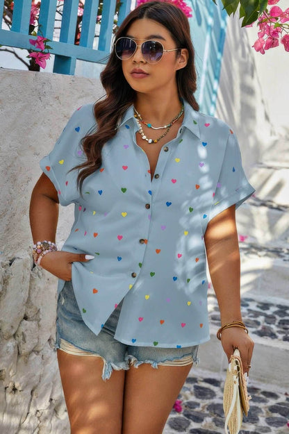Plus Size Hearts Print Button Down Loose Blouse - Purcell's Clothing Company