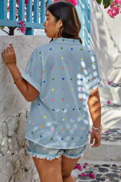 Plus Size Hearts Print Button Down Loose Blouse - Purcell's Clothing Company