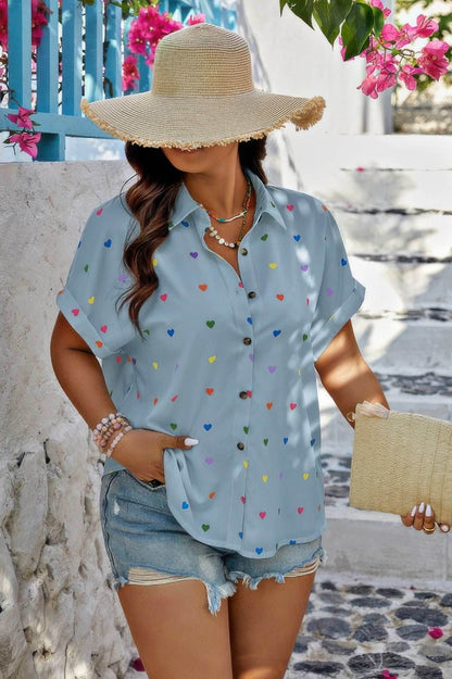Plus Size Hearts Print Button Down Loose Blouse - Purcell's Clothing Company