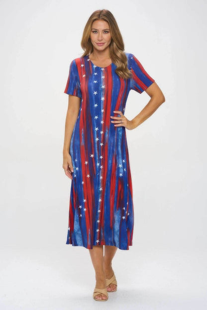 American Flag Print Short Sleeve Long Dress - Purcell's Clothing Company