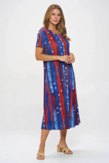 American Flag Print Short Sleeve Long Dress - Purcell's Clothing Company