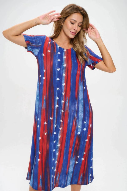 American Flag Print Short Sleeve Long Dress - Purcell's Clothing Company