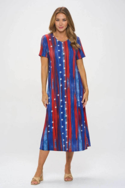 American Flag Print Short Sleeve Long Dress - Purcell's Clothing Company