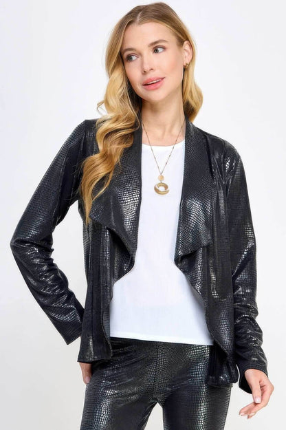 Black long sleeve pleather jacket with snake skin texture and asymmetrical draped front worn by woman