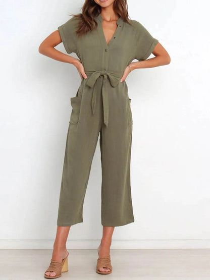 Notched Short Sleeve Tie Waist Jumpsuit - Purcell's Clothing Company