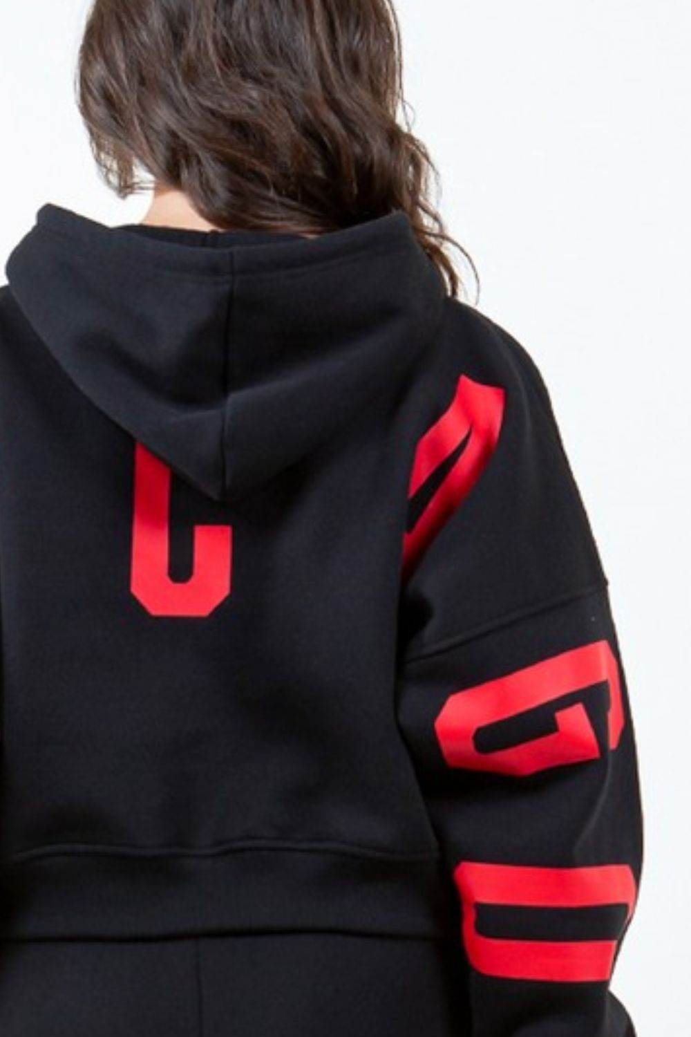 American Bazi Letter Graphic Long Sleeve Drawstring Cropped Hoodie - Purcell's Clothing Company