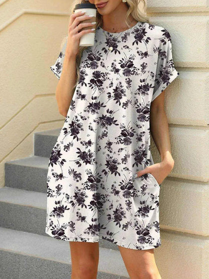 Printed Round Neck Short Sleeve Mini Dress - Purcell's Clothing Company