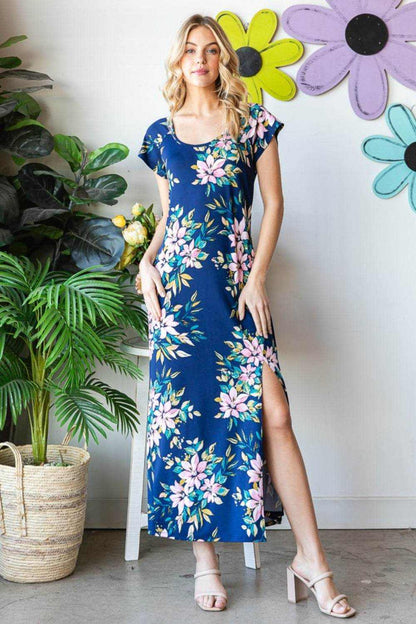 Heimish Full Size Floral Short Sleeve Slit Dress - Purcell's Clothing Company